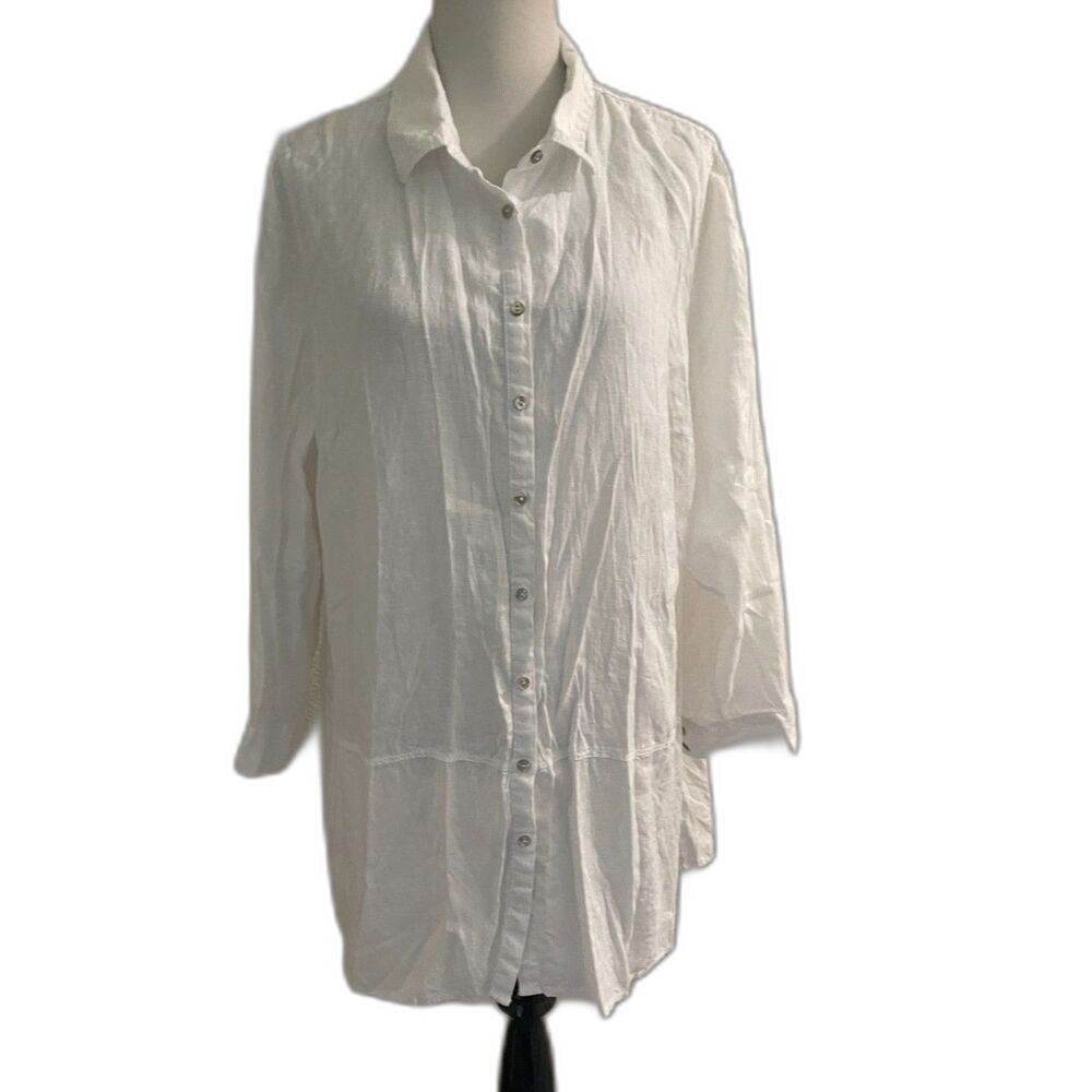 Tahari 100% Linen White Button Down Shirt Blouse Tunic Plus Size Top Women 2X